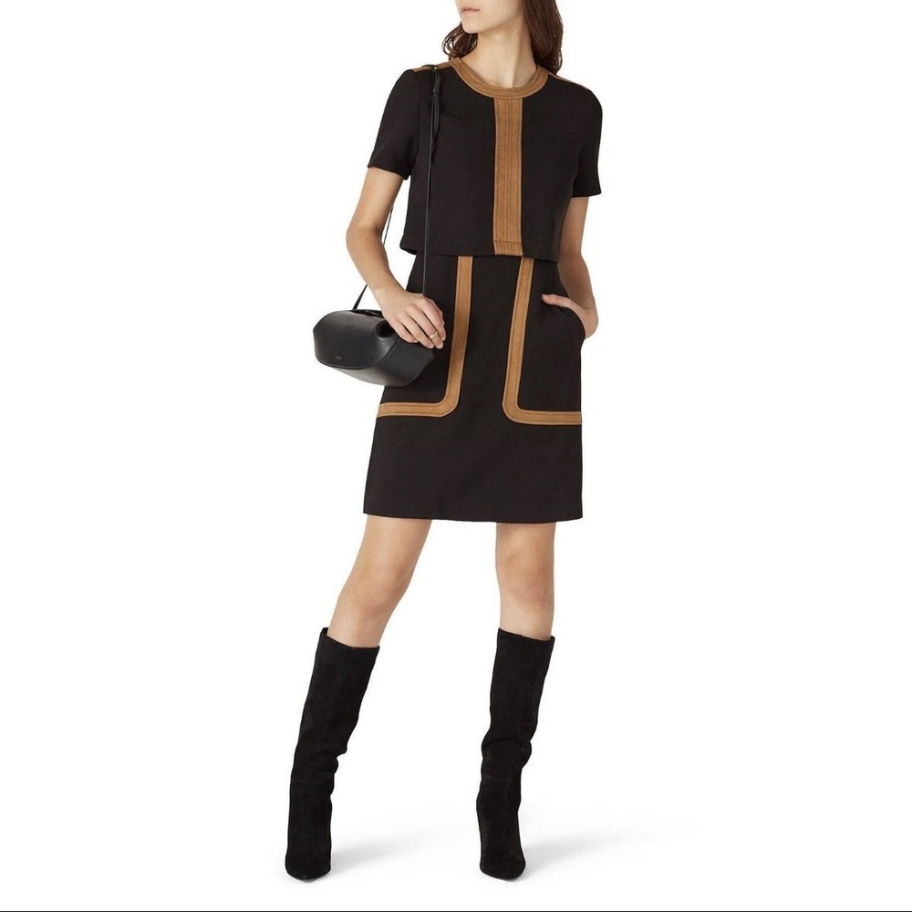 Toccin Women's 14 Two-Tone Faux Suede Short Sleeve Overlay Dress Black Sheath‎